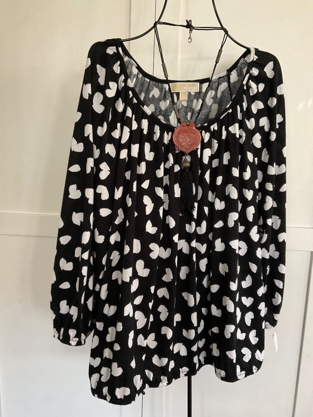 MICHAEL KORS TOP BLACK & WHITE PRINT PEASANT STYLE LARGE